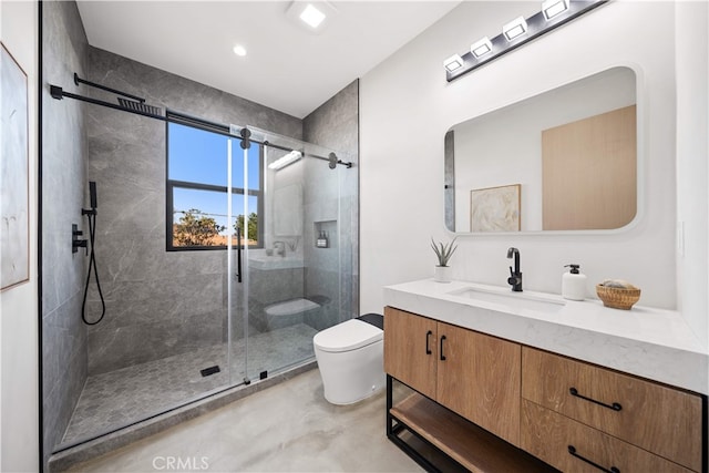 62290 Crestview Dr, Joshua Tree, CA 92252 - bathroom featuring vanity, a shower stall, and finished concrete flooring