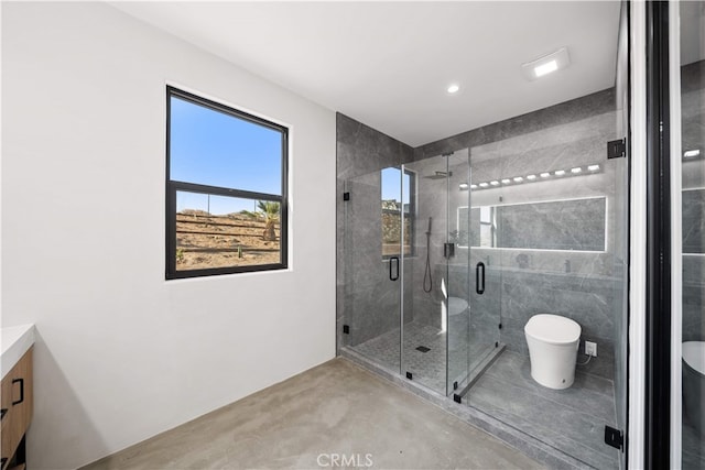 62290 Crestview Dr, Joshua Tree, CA 92252 - bathroom featuring vanity, concrete floors, and a shower stall