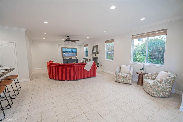 26511 Brooks Cir, Stevenson Ranch, CA 91381 - living area with recessed lighting, light tile patterned floors, a ceiling fan, and ornamental molding