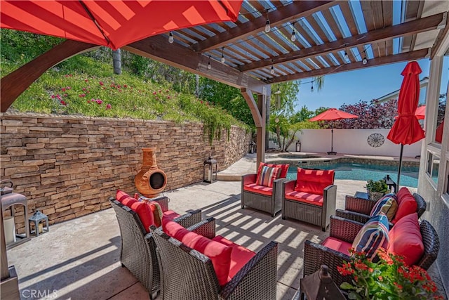 26511 Brooks Cir, Stevenson Ranch, CA 91381 - fenced backyard featuring outdoor lounge area, a pergola, a patio, and a pool with connected hot tub