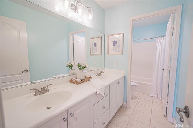 26511 Brooks Cir, Stevenson Ranch, CA 91381 - bathroom with double vanity, tile patterned flooring, and shower / bath combination with curtain