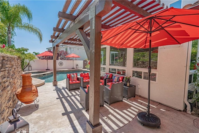 26511 Brooks Cir, Stevenson Ranch, CA 91381 - fenced backyard with a pergola, a patio area, an outdoor living space, and a pool with connected hot tub