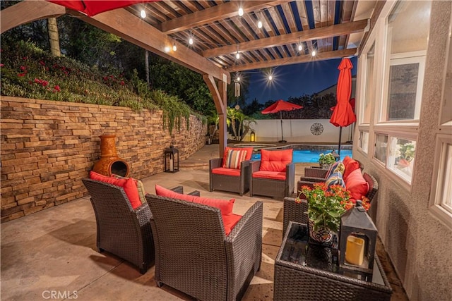 26511 Brooks Cir, Stevenson Ranch, CA 91381 - fenced backyard with an outdoor living space, a patio, and a pergola
