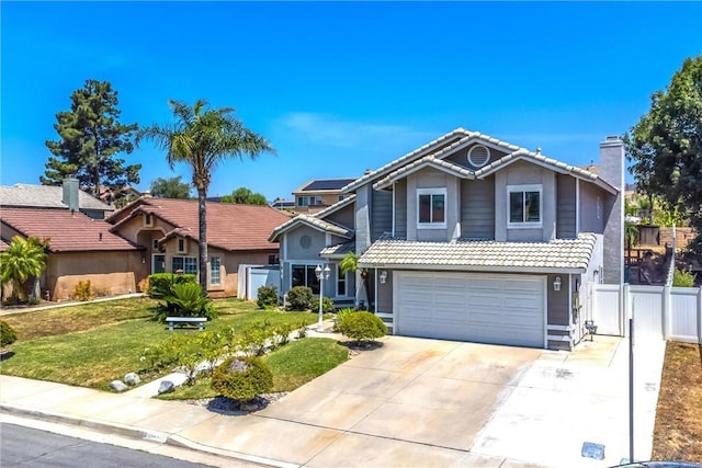 26490 Mapleridge Way, Moreno Valley, CA 92555 - traditional home featuring a tile roof, an attached garage, driveway, a chimney, and stucco siding