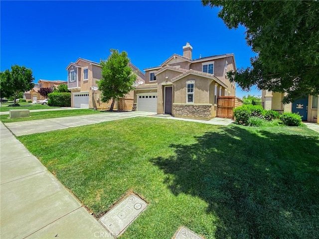2753 Hornbeam Rd, Palmdale, CA 93551 - view of front of home with stucco siding, concrete driveway, stone siding, a chimney, and an attached garage