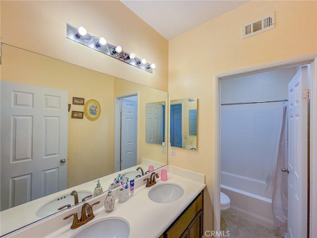 2753 Hornbeam Rd, Palmdale, CA 93551 - bathroom featuring double vanity, shower / bath combination with curtain, and tile patterned flooring