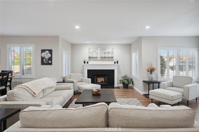 11533 Poppyglen Ct, Moorpark, CA 93021 - living area featuring wood finished floors, recessed lighting, and a fireplace with flush hearth