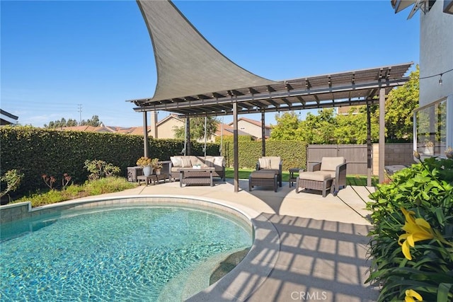 11533 Poppyglen Ct, Moorpark, CA 93021 - view of swimming pool featuring an outdoor hangout area, a pergola, a fenced backyard, and a patio area