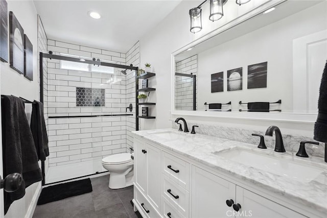 11533 Poppyglen Ct, Moorpark, CA 93021 - full bathroom featuring a shower stall, double vanity, recessed lighting, and tile patterned floors