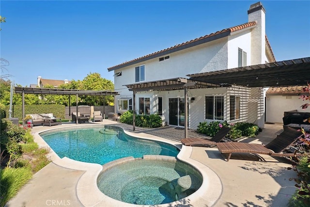 11533 Poppyglen Ct, Moorpark, CA 93021 - view of swimming pool featuring a pergola, a pool with connected hot tub, an outdoor hangout area, and a patio