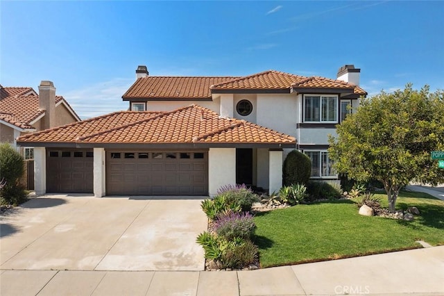 11533 Poppyglen Ct, Moorpark, CA 93021 - mediterranean / spanish house with a garage, driveway, a front yard, stucco siding, and a chimney