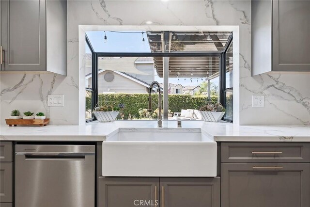 11533 Poppyglen Ct, Moorpark, CA 93021 - kitchen with dishwasher, gray cabinets, backsplash, and light stone countertops