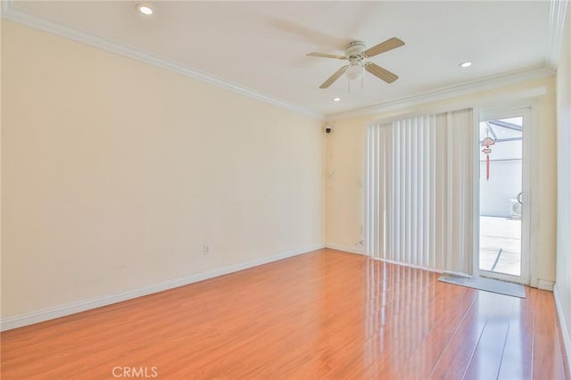 12818 Ramsey Dr, La Mirada, CA 90638 - empty room with light wood-type flooring, a ceiling fan, crown molding, and recessed lighting