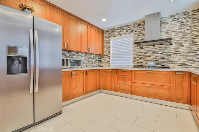 12818 Ramsey Dr, La Mirada, CA 90638 - kitchen with stainless steel refrigerator with ice dispenser, wall chimney exhaust hood, gas cooktop, backsplash, and recessed lighting