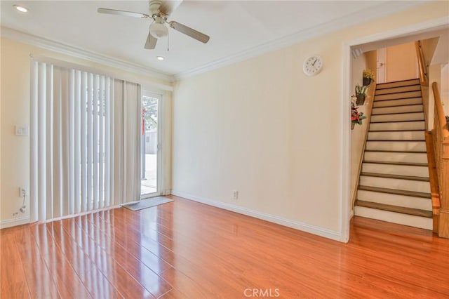 12818 Ramsey Dr, La Mirada, CA 90638 - unfurnished room with light wood-style flooring, ornamental molding, stairway, a ceiling fan, and recessed lighting