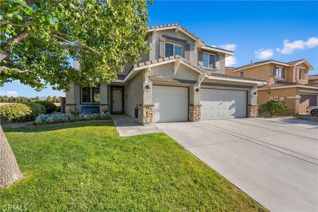 4604 Trojan Ct, Lancaster, CA 93536 - view of front of house with stone siding, stucco siding, a garage, a front lawn, and driveway