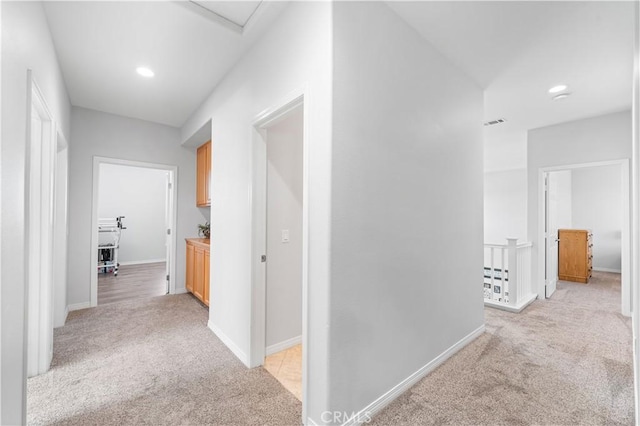 4604 Trojan Ct, Lancaster, CA 93536 - hallway featuring an upstairs landing, light carpet, and recessed lighting