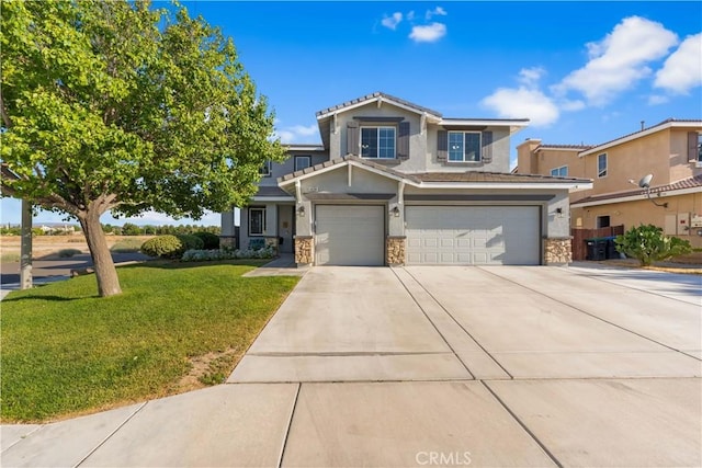 4604 Trojan Ct, Lancaster, CA 93536 - craftsman house featuring a garage, stone siding, driveway, stucco siding, and a front lawn