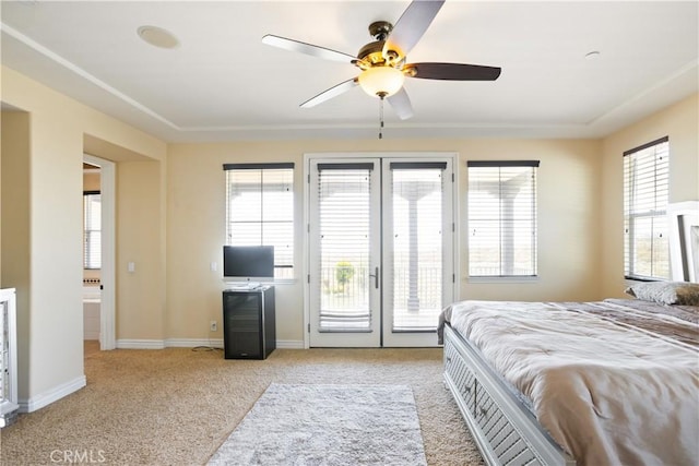 5156 Branding Iron Pl, Rancho Cucamonga, CA 91739 - bedroom with access to exterior, light carpet, multiple windows, and a ceiling fan