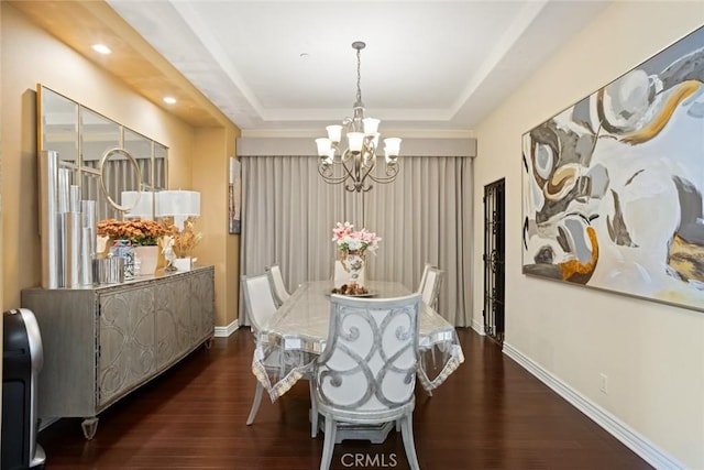 5156 Branding Iron Pl, Rancho Cucamonga, CA 91739 - dining room featuring a chandelier, wood finished floors, a tray ceiling, and recessed lighting