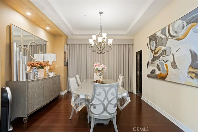 5156 Branding Iron Pl, Rancho Cucamonga, CA 91739 - dining room featuring a chandelier, a raised ceiling, wood finished floors, and recessed lighting