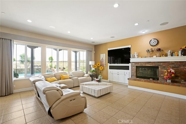 5156 Branding Iron Pl, Rancho Cucamonga, CA 91739 - living area with light tile patterned floors, a fireplace, and recessed lighting