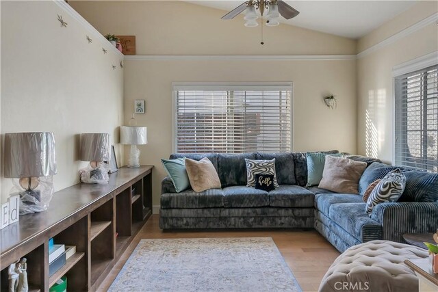 12528 Sonora Way, Victorville, CA 92392 - living room with a ceiling fan, wood finished floors, and lofted ceiling
