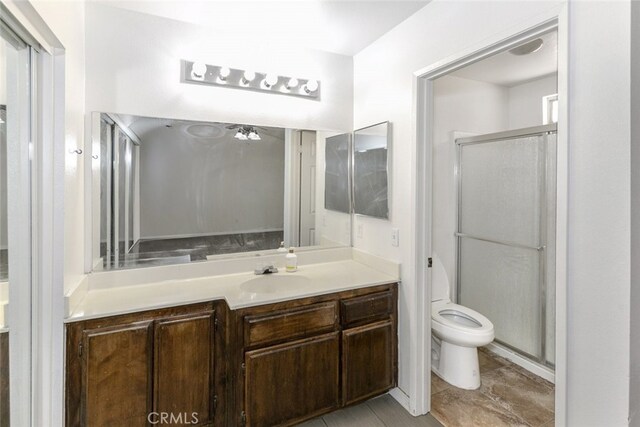 44105 Acacia St, Lancaster, CA 93535 - bathroom with vanity, a stall shower, and tile patterned floors