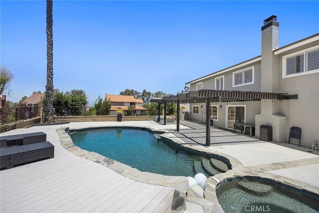 1041 S Falling Leaf Cir, Anaheim Hills, CA 92807 - view of pool with an in-ground hot tub, a pergola, a wooden deck, and a patio