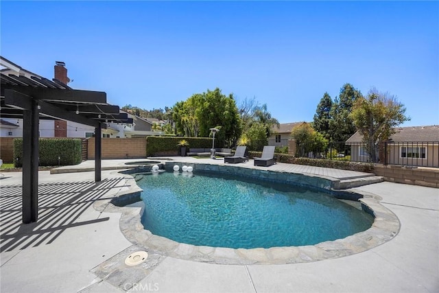 1041 S Falling Leaf Cir, Anaheim Hills, CA 92807 - view of swimming pool featuring a patio, a pergola, a fenced backyard, and a pool with connected hot tub