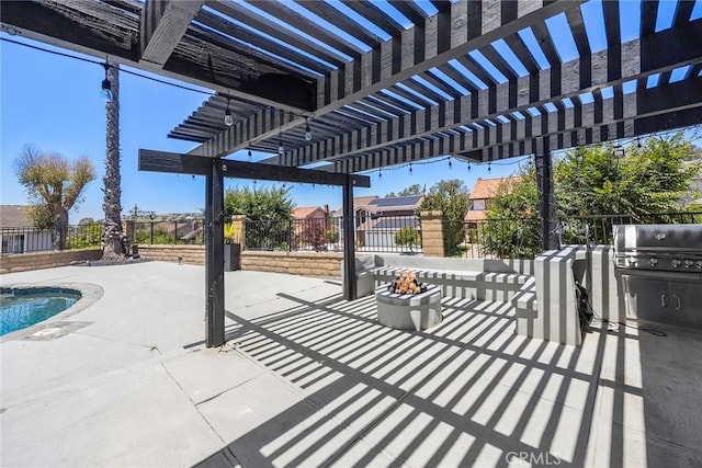 1041 S Falling Leaf Cir, Anaheim Hills, CA 92807 - fenced backyard with a patio area, a fire pit, a pergola, and grilling area