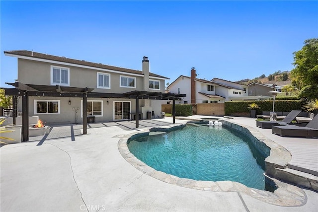 1041 S Falling Leaf Cir, Anaheim Hills, CA 92807 - view of pool featuring an outdoor fire pit, a pergola, a fenced backyard, an outdoor hot tub, and a patio