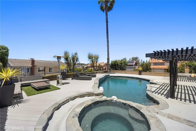 1041 S Falling Leaf Cir, Anaheim Hills, CA 92807 - view of pool featuring a deck, a pool with connected hot tub, a pergola, and a fenced backyard