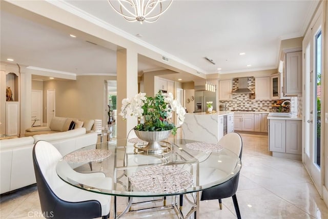 2155 Chandler Dr, Tustin, CA 92782 - dining space with plenty of natural light, a chandelier, light tile patterned flooring, crown molding, and recessed lighting