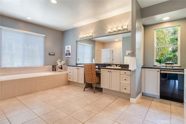2155 Chandler Dr, Tustin, CA 92782 - bathroom featuring vanity, tile patterned floors, a stall shower, a garden tub, and recessed lighting