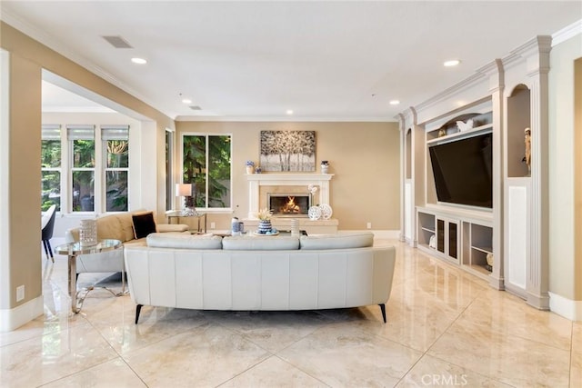 2155 Chandler Dr, Tustin, CA 92782 - living room featuring crown molding, recessed lighting, a warm lit fireplace, and light marble finish flooring