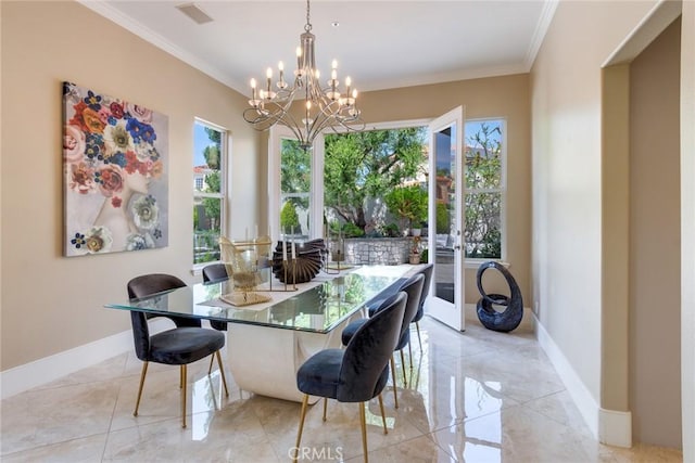 2155 Chandler Dr, Tustin, CA 92782 - dining area featuring ornamental molding, a chandelier, and light tile patterned floors