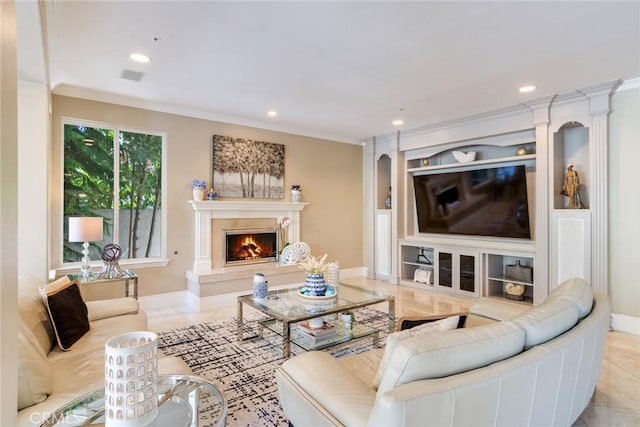 2155 Chandler Dr, Tustin, CA 92782 - living room featuring ornamental molding, a fireplace, and recessed lighting