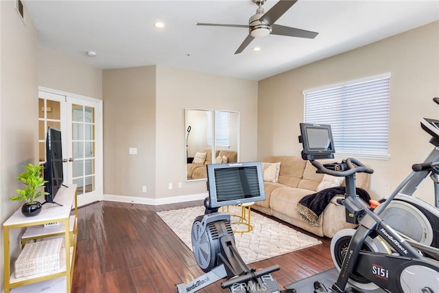 2155 Chandler Dr, Tustin, CA 92782 - workout area with ceiling fan, wood finished floors, french doors, and recessed lighting