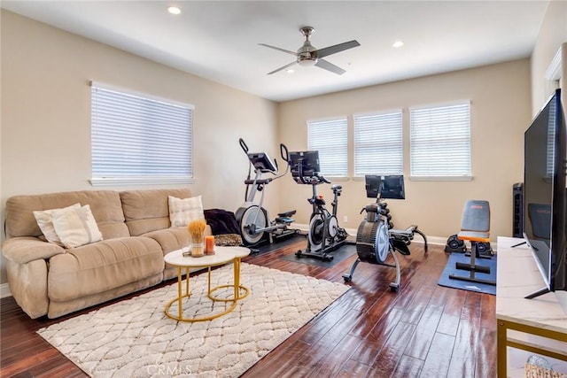 2155 Chandler Dr, Tustin, CA 92782 - exercise room featuring ceiling fan, dark wood-style floors, and recessed lighting