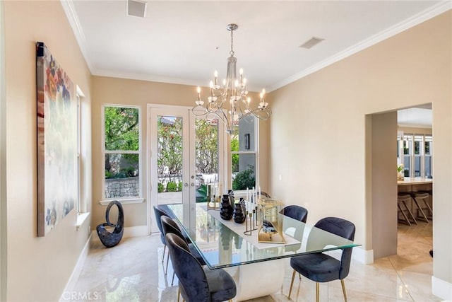 2155 Chandler Dr, Tustin, CA 92782 - dining area featuring ornamental molding, a chandelier, and french doors