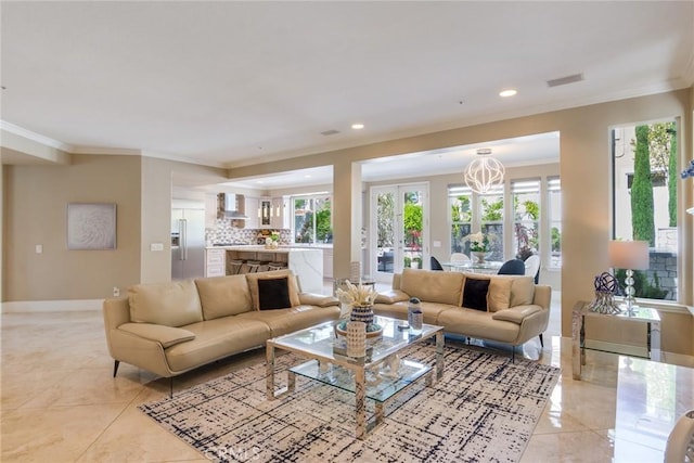 2155 Chandler Dr, Tustin, CA 92782 - living area with ornamental molding, a chandelier, recessed lighting, and light tile patterned flooring