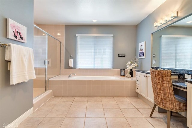 2155 Chandler Dr, Tustin, CA 92782 - full bathroom with a bath, vanity, a stall shower, and tile patterned flooring