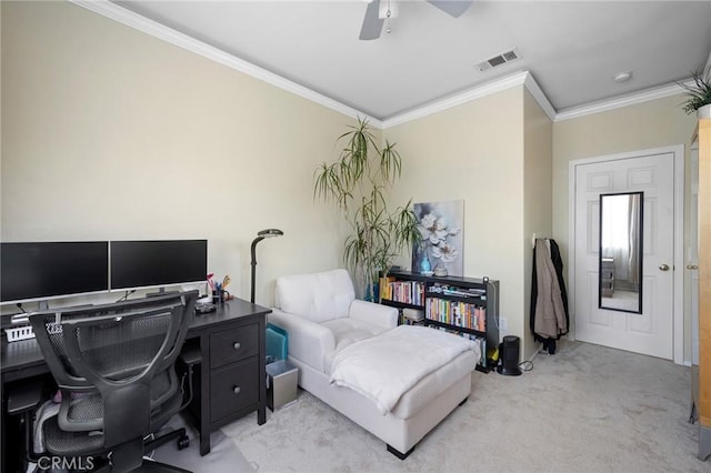 2635 Sunshine Valley Ct, Simi Valley, CA 93063 - office space featuring crown molding, light carpet, and ceiling fan
