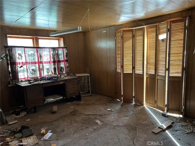 13923 Meadow Ln, Lytle Creek, CA 92358 - miscellaneous room featuring wood walls and an office area