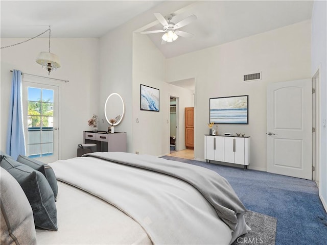 22905 Las Mananitas Dr, Valencia, CA 91354 - carpeted bedroom featuring high vaulted ceiling and ceiling fan