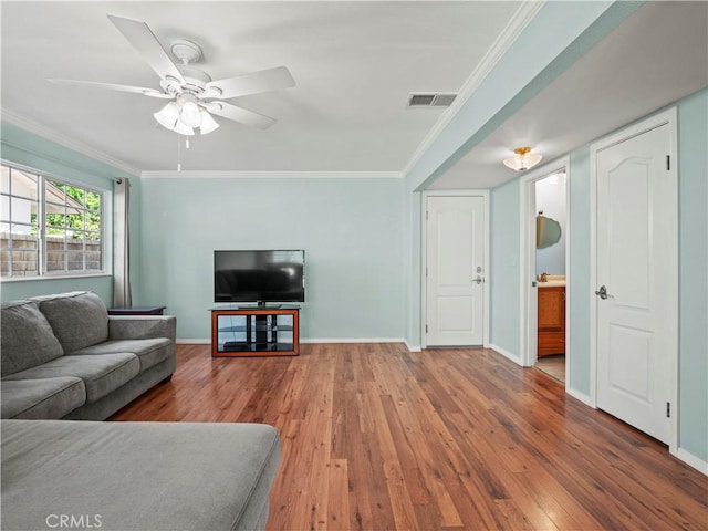 22905 Las Mananitas Dr, Valencia, CA 91354 - living area with hardwood / wood-style floors, crown molding, and ceiling fan