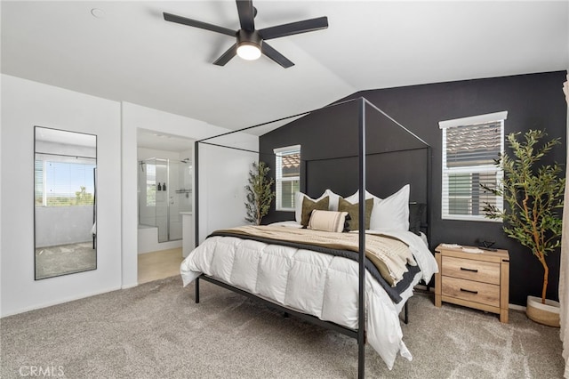 4360 Rima Dr, Fontana, CA 92336 - bedroom with carpet flooring, vaulted ceiling, ensuite bathroom, and a ceiling fan