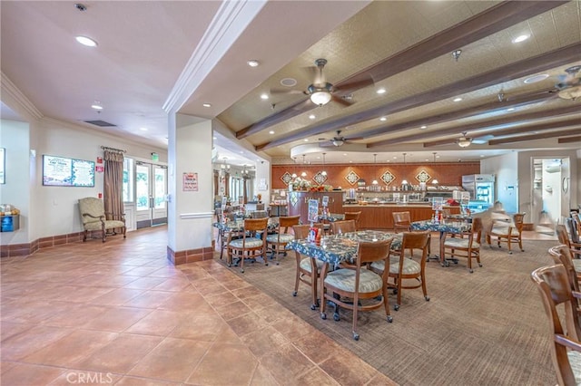 1544 Big Bnd, Beaumont, CA 92223 - dining space featuring crown molding, ceiling fan, recessed lighting, light tile patterned floors, and beam ceiling
