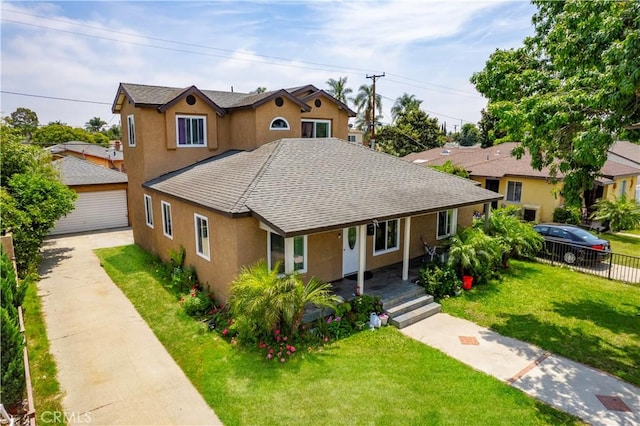 2730 Hayes Ave, Long Beach, CA 90810 - view of front of home featuring stucco siding, covered porch, roof with shingles, an outbuilding, and a garage